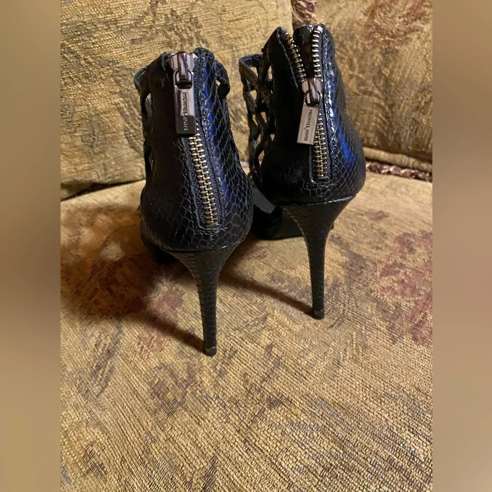 Michael Kors Black Trinity Platform Embossed Leather Strappy Heels platform 9